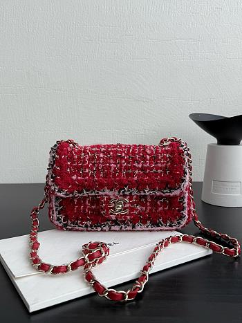 Chanel Small Classic Handbag Tweed & Gold Metal Red Pink & Black - 23x14.5x6cm