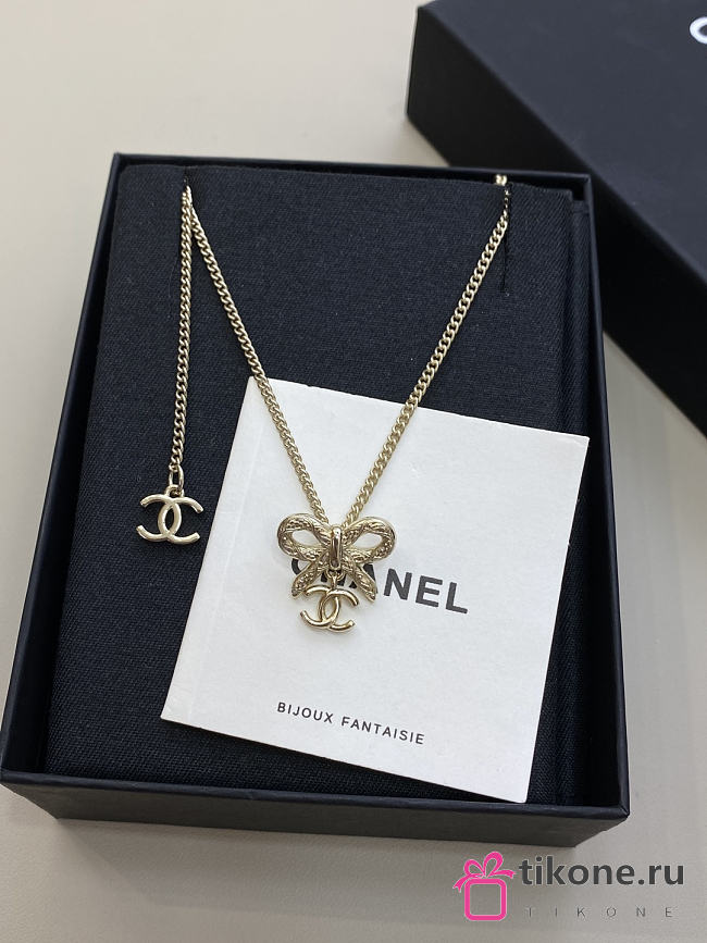 Chanel Ribbon Bow CC Necklace Light Gold  - 1