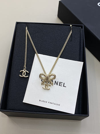 Chanel Ribbon Bow CC Necklace Light Gold 