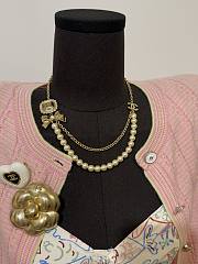 Chanel Gold C-shaped Diamond Necklace Pearl Lace Two Chains - 3