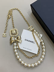 Chanel Gold C-shaped Diamond Necklace Pearl Lace Two Chains - 4