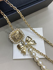 Chanel Gold C-shaped Diamond Necklace Pearl Lace Two Chains - 5