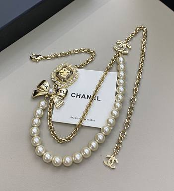 Chanel Gold C-shaped Diamond Necklace Pearl Lace Two Chains