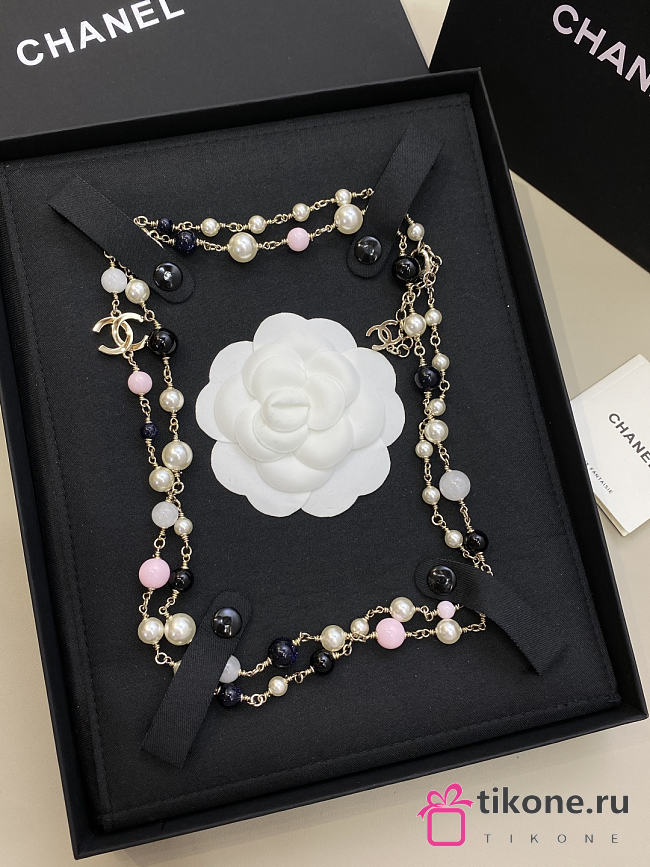 Chanel Long Necklace Metal & Glass Pearls Gold Black Light Pink & Pearly White - 1