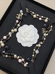 Chanel Long Necklace Metal & Glass Pearls Gold Black Light Pink & Pearly White - 5