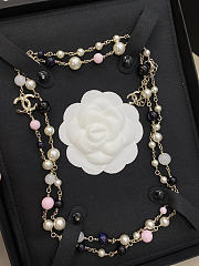 Chanel Long Necklace Metal & Glass Pearls Gold Black Light Pink & Pearly White - 2
