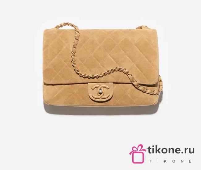 Chanel Flap Bag Suede Calfskin Lambskin & Gold Tone Metal Dark Beige - 26x18x7cm - 1