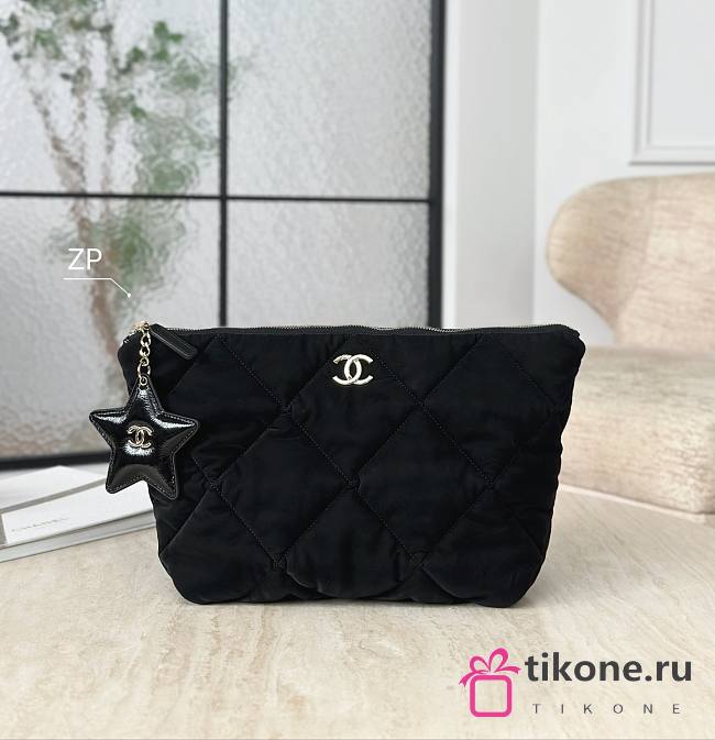 Chanel Small Zipped Case Velvet Effect Nylon Shiny Crumpled Calfskin & Gold Tone Metal Black - 26x16.5x9cm - 1