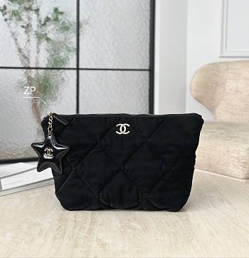 Chanel Small Zipped Case Velvet Effect Nylon Shiny Crumpled Calfskin & Gold Tone Metal Black - 26x16.5x9cm