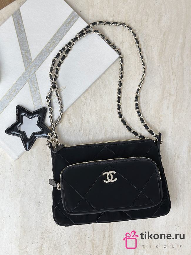 Chanel Clutch With Chain Velvet-Effect Nylon Shiny Crumpled Calfskin & Gold-Tone Metal Black - 21x15x7.5cm - 1