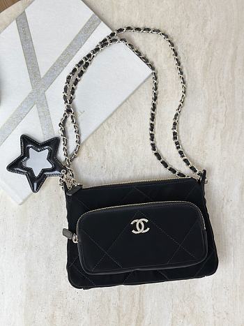 Chanel Clutch With Chain Velvet-Effect Nylon Shiny Crumpled Calfskin & Gold-Tone Metal Black - 21x15x7.5cm