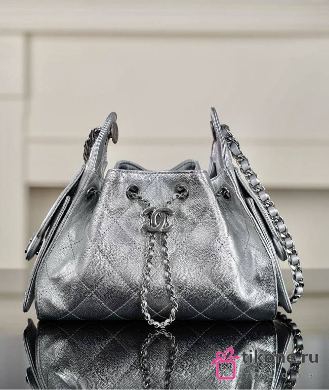 Chanel 25 Mini Handbag Metallic Grained Calfskin & Silver Tone Metal Silvery - 22x20x12.5cm - 1