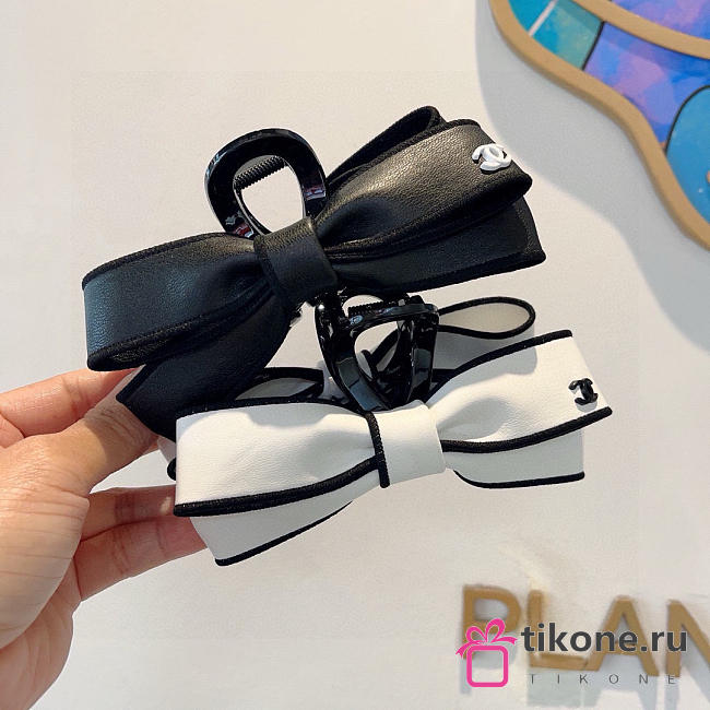 Chanel Bow Hair Clip Leather Black/White  - 1