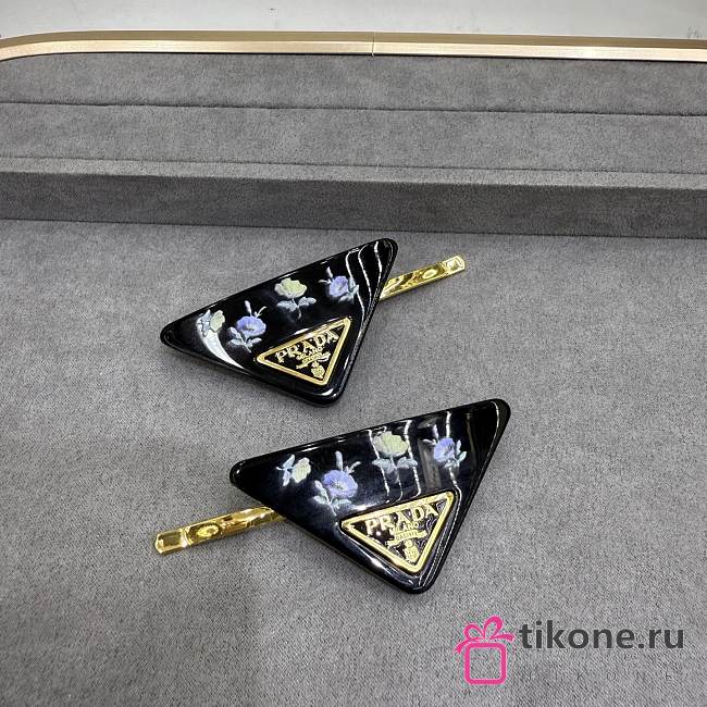 Prada Floral Print Hair Clips Black Blue (set of two) - 1