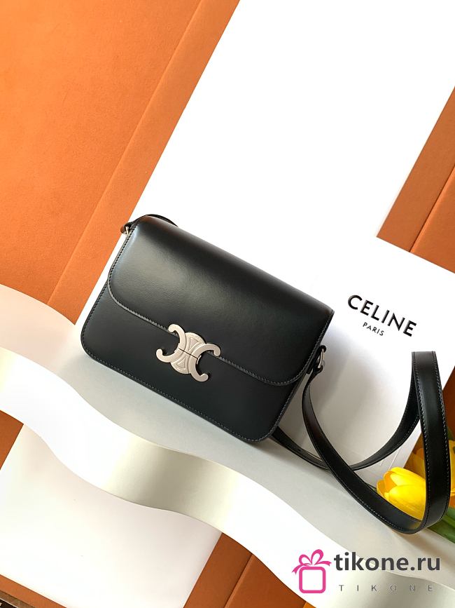 Celine Classique Triomphe Bag In Shiny Calfskin Black Silver - 22x15.5x6cm - 1