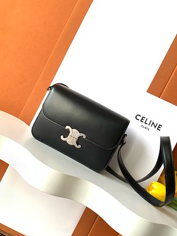 Celine Classique Triomphe Bag In Shiny Calfskin Black Silver - 22x15.5x6cm