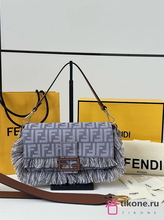Fendi Baguette Blue Denim Effect FF Jacquard Bag - 27x6x15cm - 1