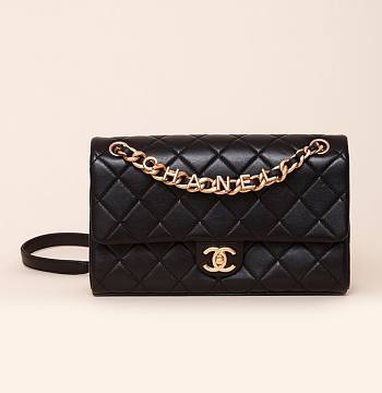 Chanel Classic Lamskin Gold Flap Bag Black Gold - 26x15x7cm
