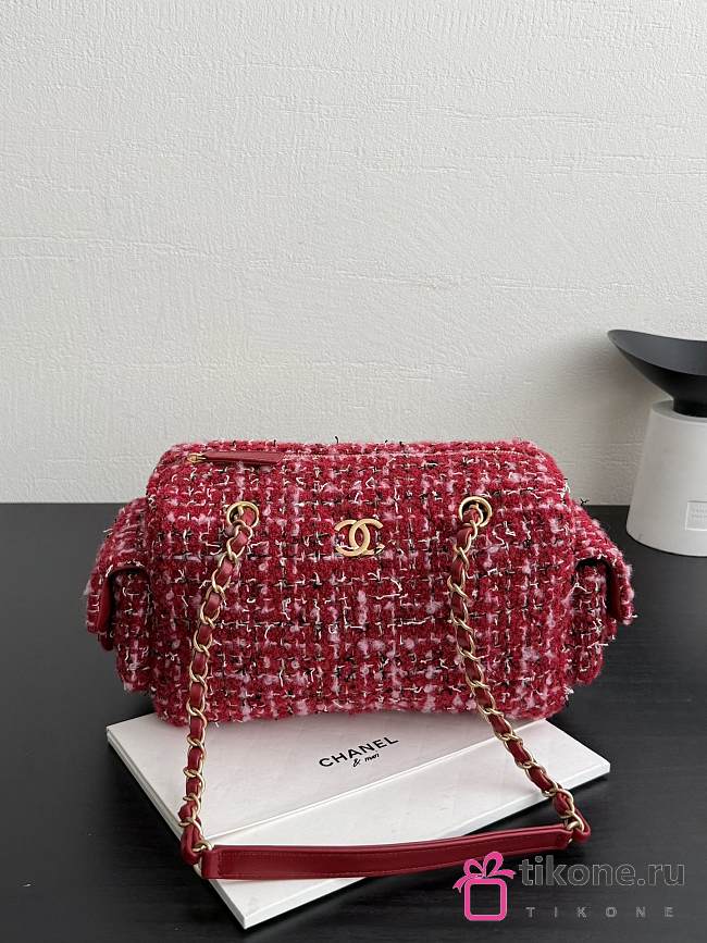 Chanel Small Bowling Bag Tweed & Gold Metal Red Pink & Black - 24x15.5x11.5cm - 1
