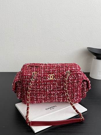 Chanel Small Bowling Bag Tweed & Gold Metal Red Pink & Black - 24x15.5x11.5cm