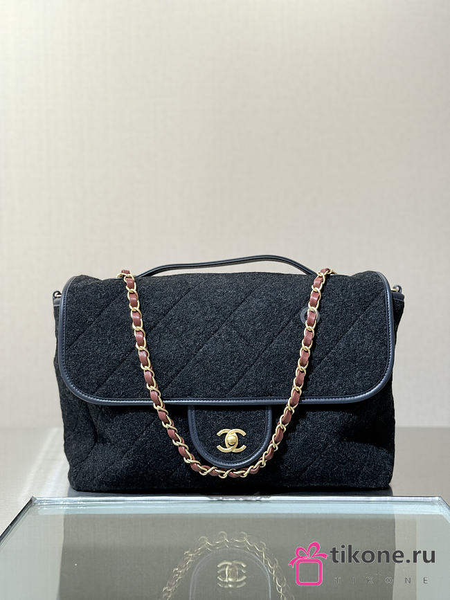 Chanel Maxi Flap Bag With Top Handle Wool & Gold Tone Metal Dark Grey - 56x33x7cm - 1