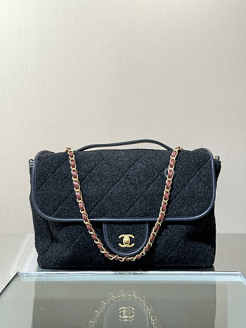 Chanel Maxi Flap Bag With Top Handle Wool & Gold Tone Metal Dark Grey - 56x33x7cm