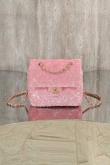 Chanel Flap Bag Quilted Sequins & Gold Tone Metal Pink - 21x14x8cm
