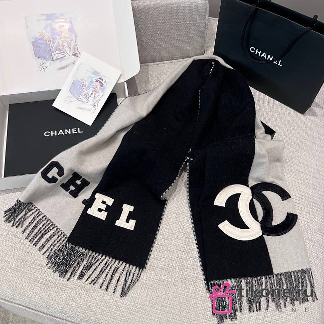 Chanel Scarf Two Tone Logo Patch Black Gray - 1