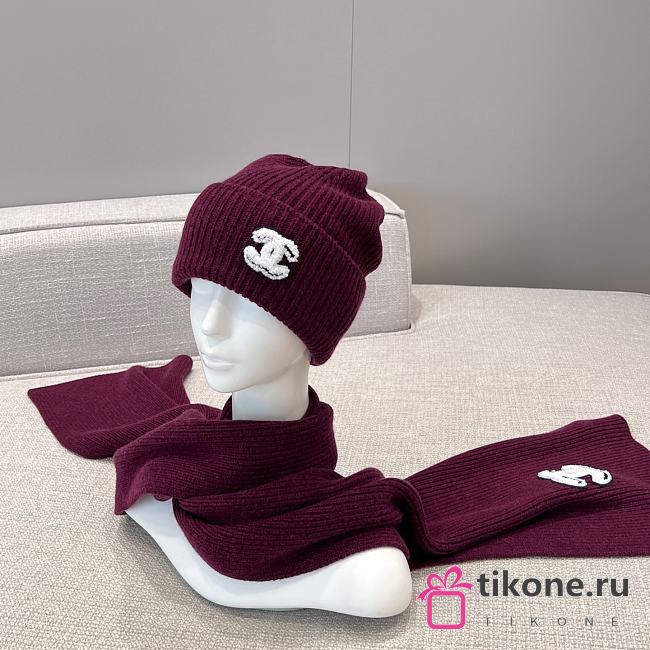 Chanel Combo Scarf/Beanie Cashmere Burgundy - 1