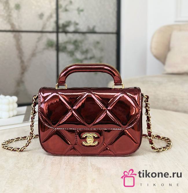 Chanel Mini Flap Bag with Top Handle Metallic Mirror Calfskin & Silver Tone Metal Burgundy - 18.5x13x4.5cm - 1