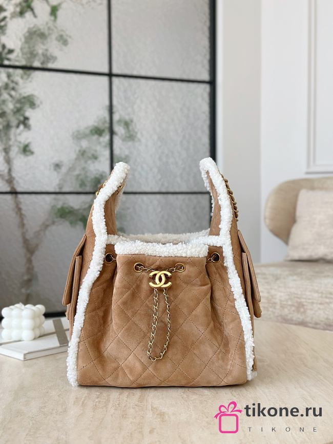 Chanel 25 Handbag Small Shearling Suede Gold Metal Beige - 30x26x14cm - 1