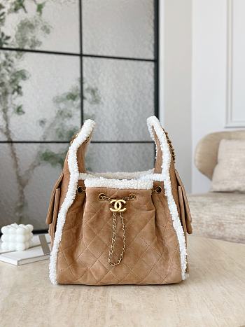 Chanel 25 Handbag Small Shearling Suede Gold Metal Beige - 30x26x14cm