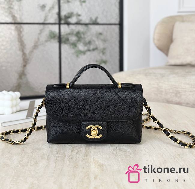 Chanel Mini Flap Bag with Top Handle Grained Shiny Calfskin & Gold Tone Metal Black - 19.5x11.5x5cm - 1