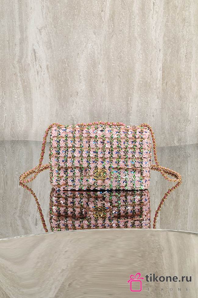 Chanel Flap Bag Sequins & Gold Tone Metal Light Pink Green - 20x14x8cm - 1