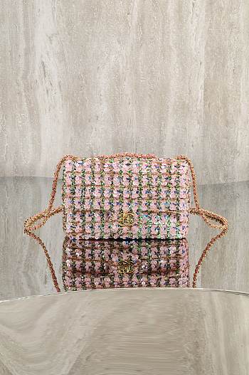 Chanel Flap Bag Sequins & Gold Tone Metal Light Pink Green - 20x14x8cm