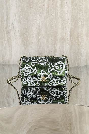Chanel Flap Bag Sequins & Gold Tone Metal Green White- 20x14x8cm
