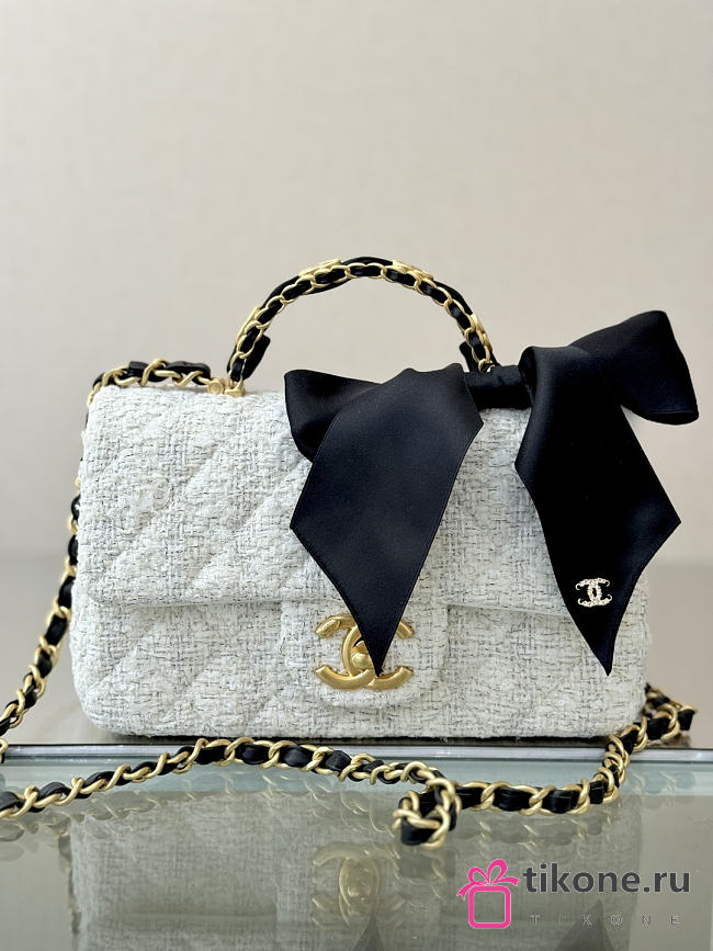 Chanel Mini Flap Bag with Top Handle Tweed, Silk & Gold Tone Metal White & Black - 20x13x6cm - 1
