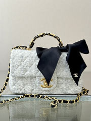 Chanel Mini Flap Bag with Top Handle Tweed, Silk & Gold Tone Metal White & Black - 20x13x6cm - 1