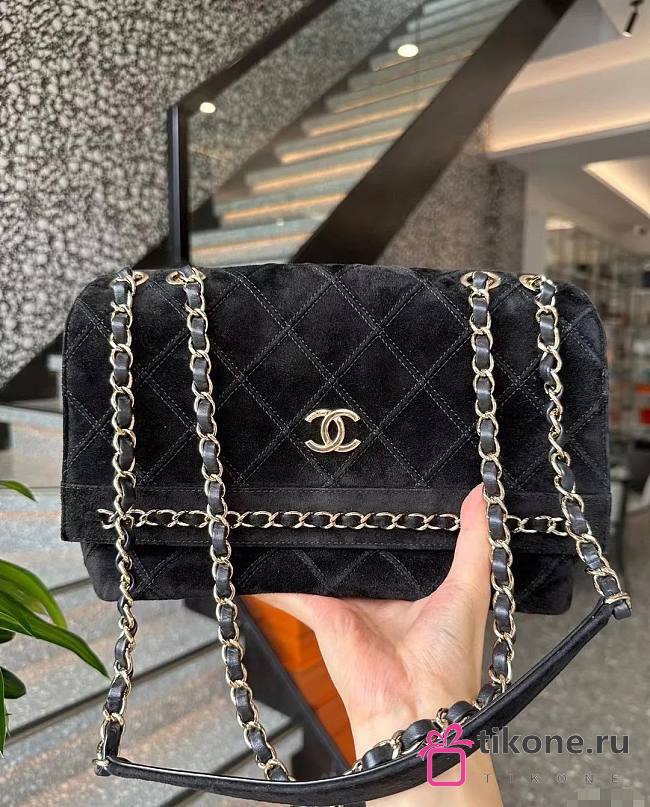 Chanel Flap Bag Stitched Suede Shoulder Bag Black - 1