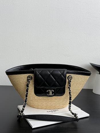 Chanel Small Shopping Bag Braided Straw Lambskin & Gold Tone Metal Beige & Black - 41x18x13cm