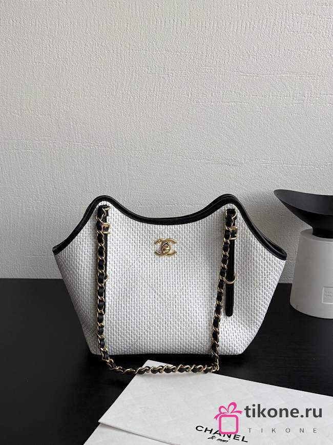 Chanel Small Shopping Bag Braided Raffia Calfskin & Gold Tone Metal White & Black - 20x28x7cm - 1