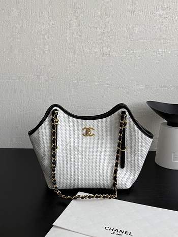 Chanel Small Shopping Bag Braided Raffia Calfskin & Gold Tone Metal White & Black - 20x28x7cm