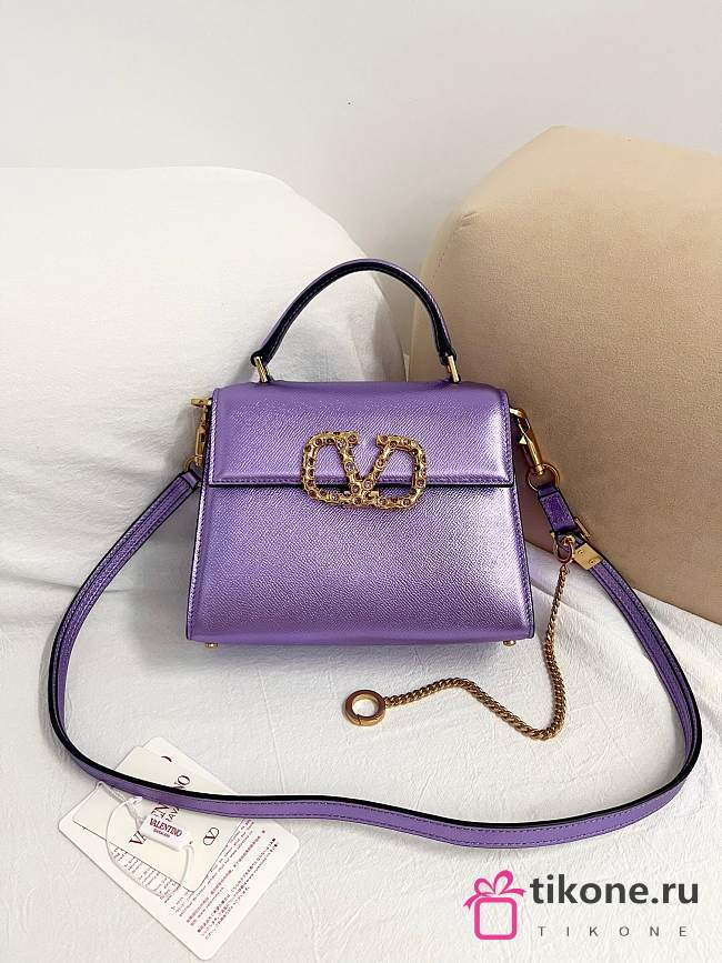 Valentino Garavani Vsling Small Handbag In Laminated Grainy Calfskin With Jewel Logo Purple - 22x17x9cm - 1