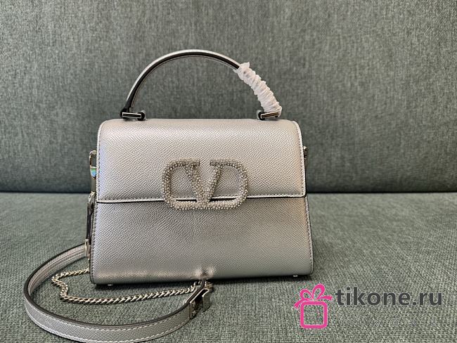 Valentino Garavani Vsling Small Handbag In Laminated Grainy Calfskin With Jewel Logo Silver - 22x17x9cm - 1
