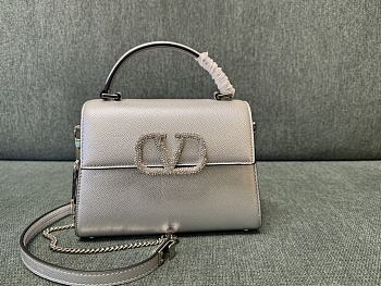 Valentino Garavani Vsling Small Handbag In Laminated Grainy Calfskin With Jewel Logo Silver - 22x17x9cm