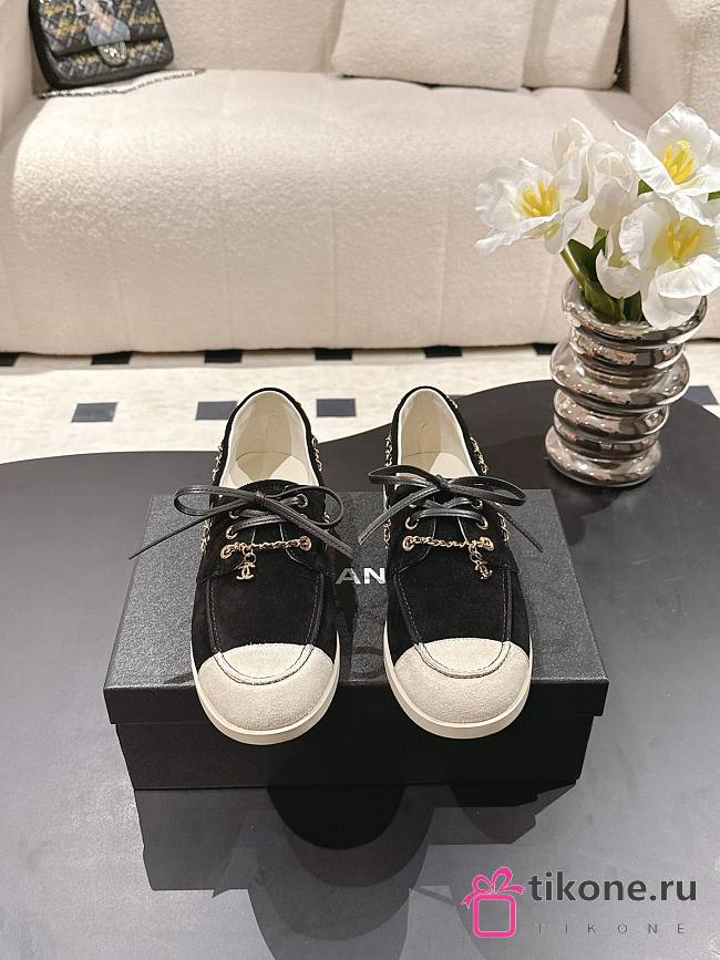 Chanel Moccasins Suede Calfskin Black & Light Grey - 1
