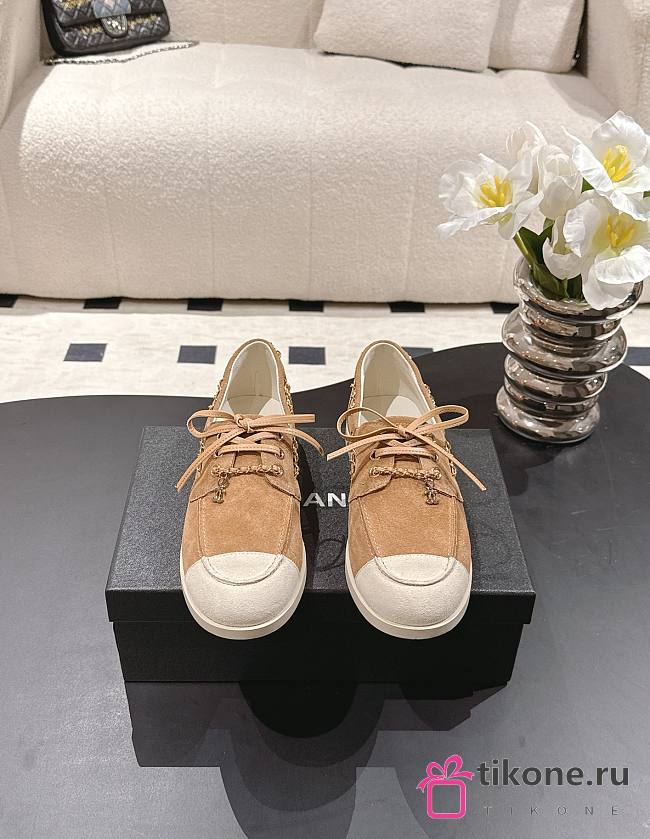 Chanel Moccasins Suede Calfskin Brown & Light Grey - 1