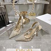 J'Adior Slingback Pump White Cotton Embroidered with Millefiori Motif in Gold Tone Metallic Thread 8.5cm - 5