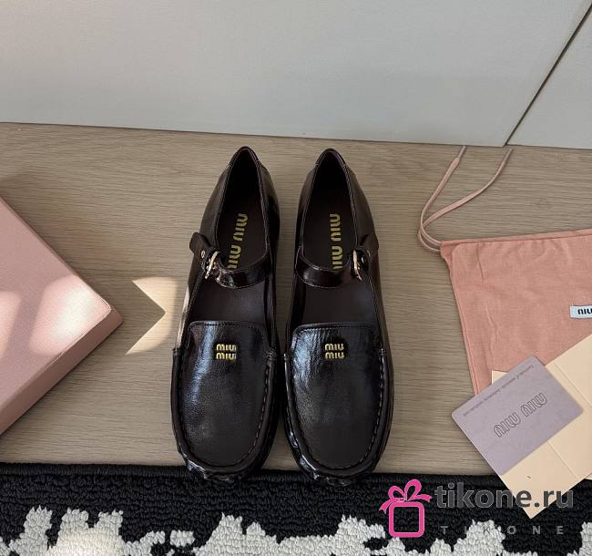 Miumiu Leather Loafers With Strap Dark Brown - 1