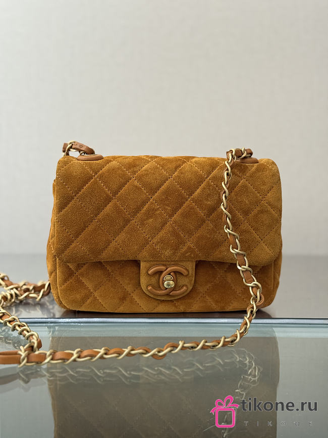 Chanel Mini Flap Bag Suede Calfskin Lambskin & Gold Tone Metal Dark Beige - 20x14x6cm - 1